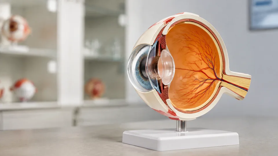 Eye anatomy model showing the lens, retina, and optic nerve