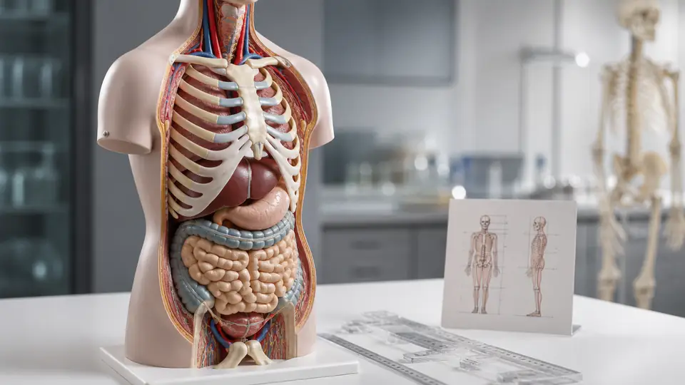 Detailed human anatomy torso model with measurement tools in a teaching lab