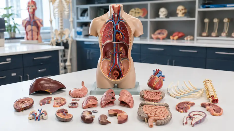 Torso anatomy model with removable organs arranged for part-count study