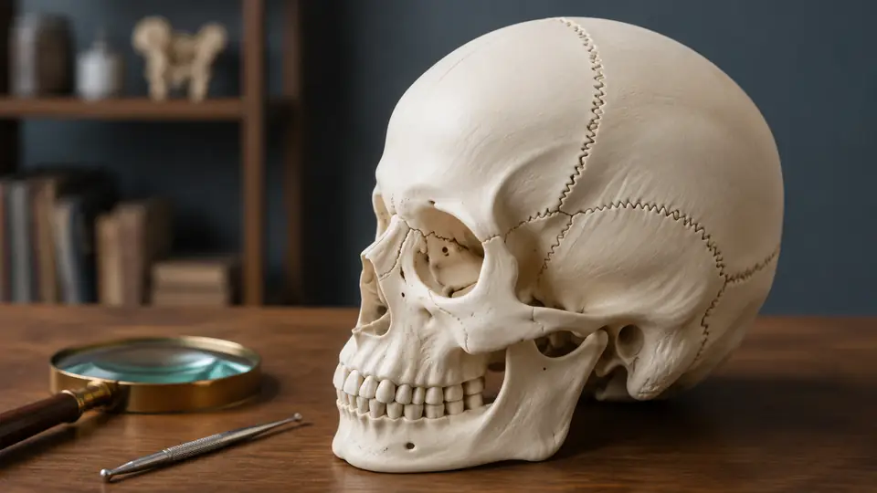 Human skull model showing cranial sutures under a magnifying lens