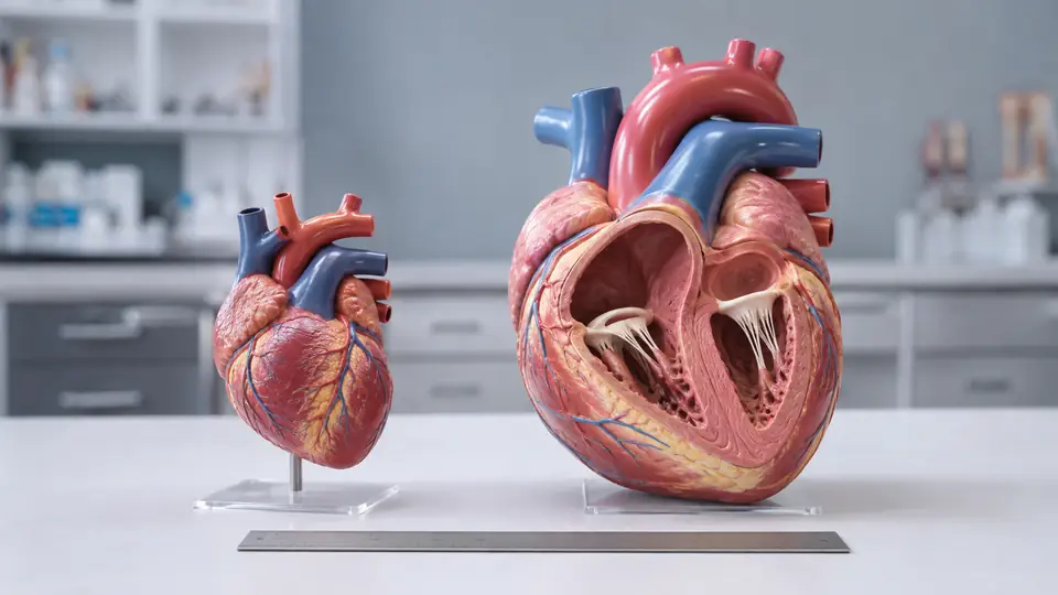 Standard and enlarged heart anatomy models compared with a ruler