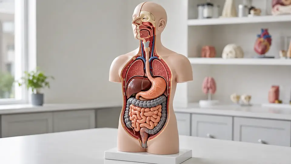 Digestive system anatomy model with visible stomach, intestines, and liver