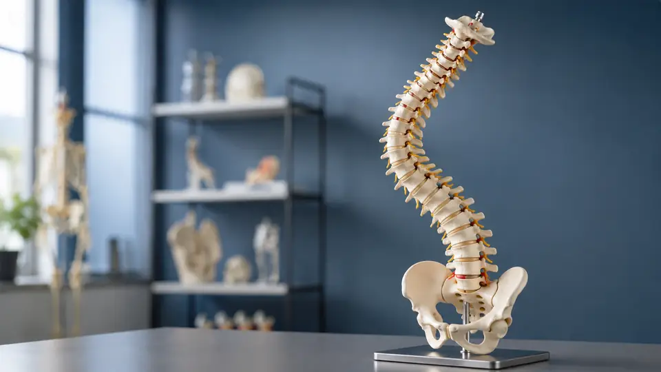 Flexible spine anatomy model curved to demonstrate movement