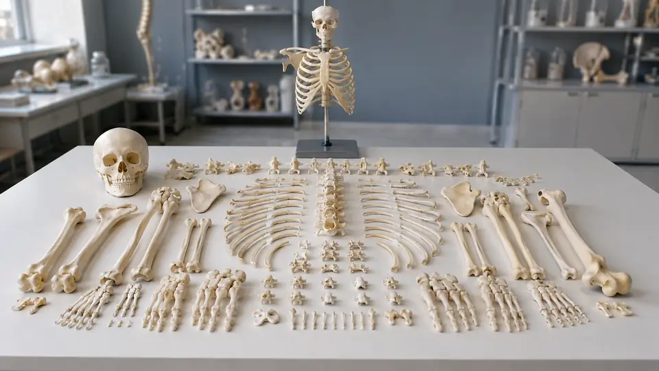 Disarticulated human skeleton model with bones organized by region