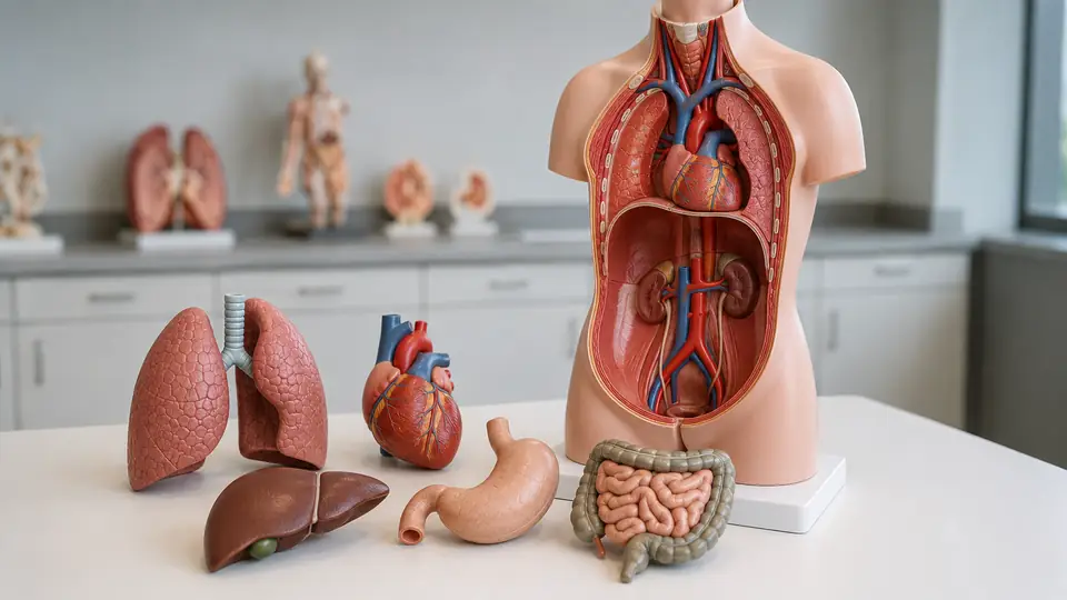 Torso anatomy model with removable organs arranged to show relationships