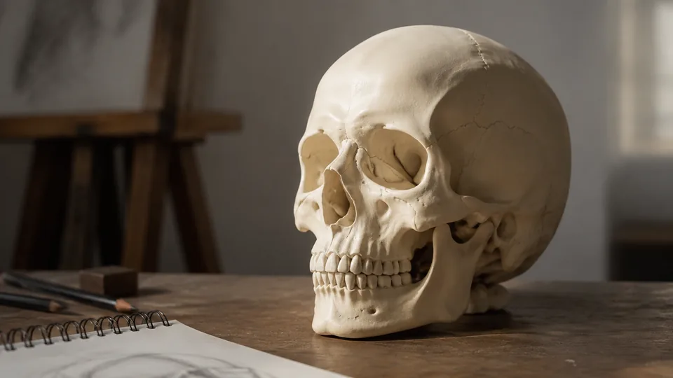 Skull model for artists with strong side lighting