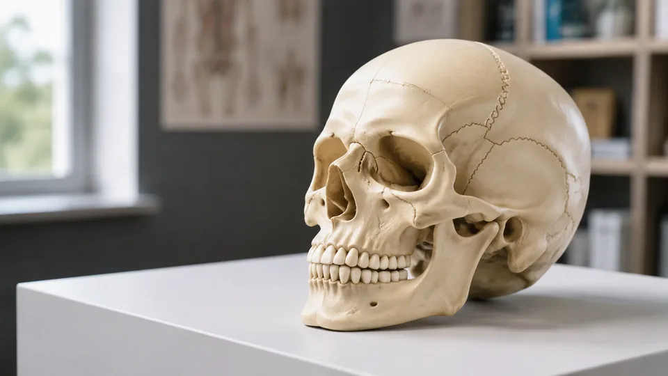 Human skull model showing cranial sutures and teeth