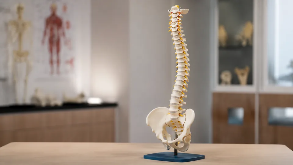 Spine anatomy model with pelvis on a stand