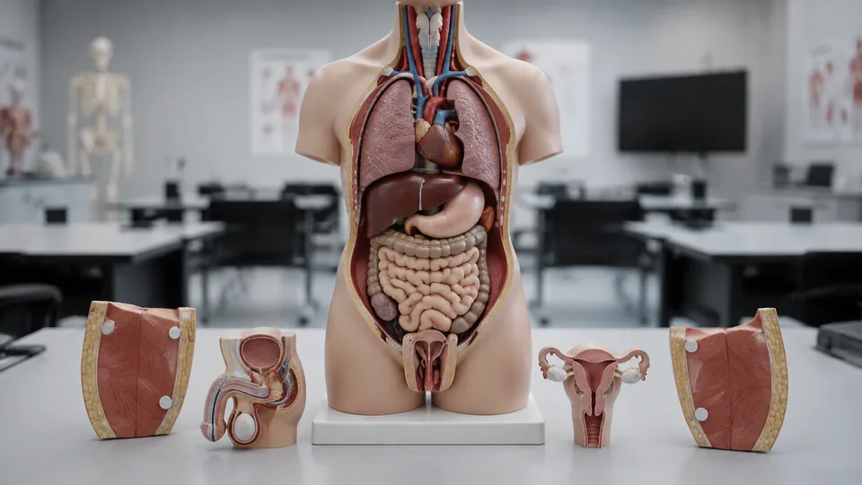 Dual-sex torso anatomy model with removable pelvic components